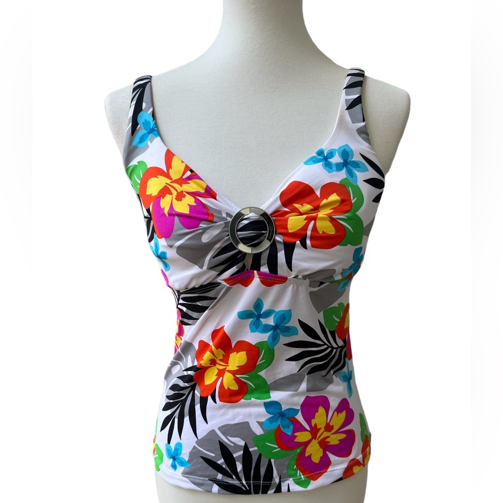 JAG Tropical Floral Tankini Swim Top Women’s 32D 32DD V-neck Colorful